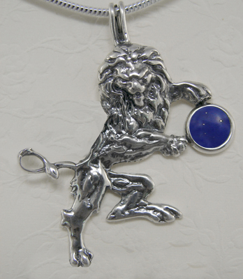 Sterling Silver Royal Rampant Lion Pendant With Lapis Lazuli